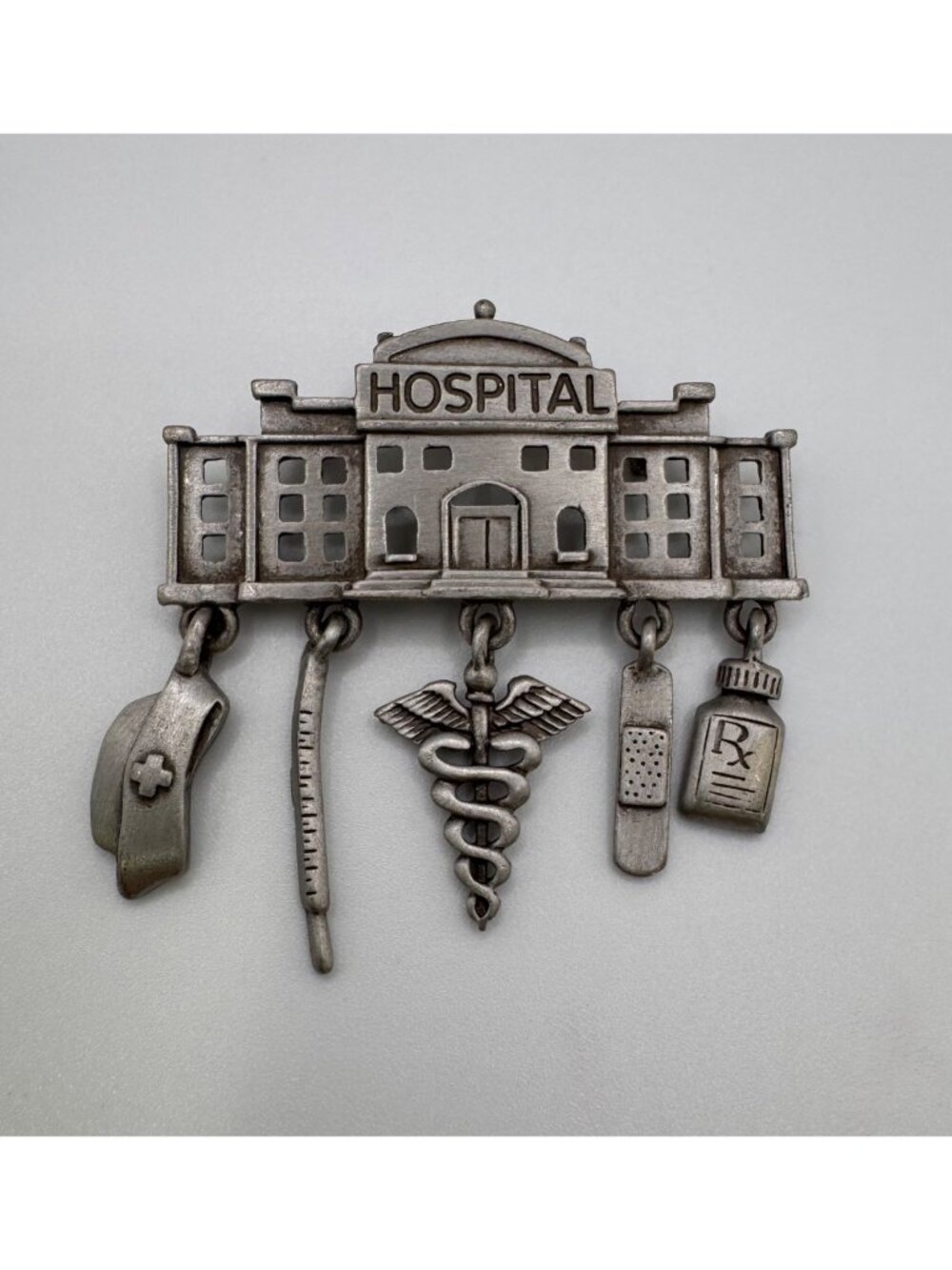 JJ Hospital Medical Brooch Nurse Hat RX Caduceus Dangle Pin Silver Tone